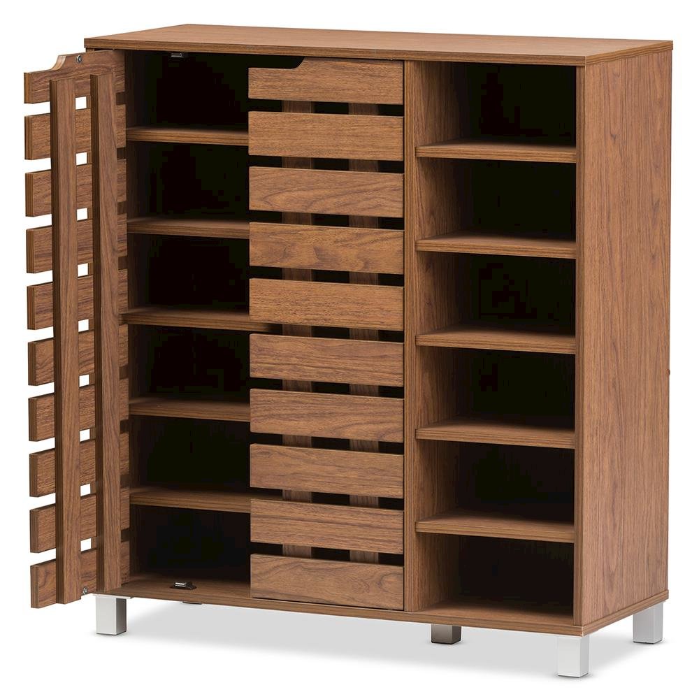 "Walnut" Medium Brown Wood 2-Door Shoe Cabinet with Open Shelves