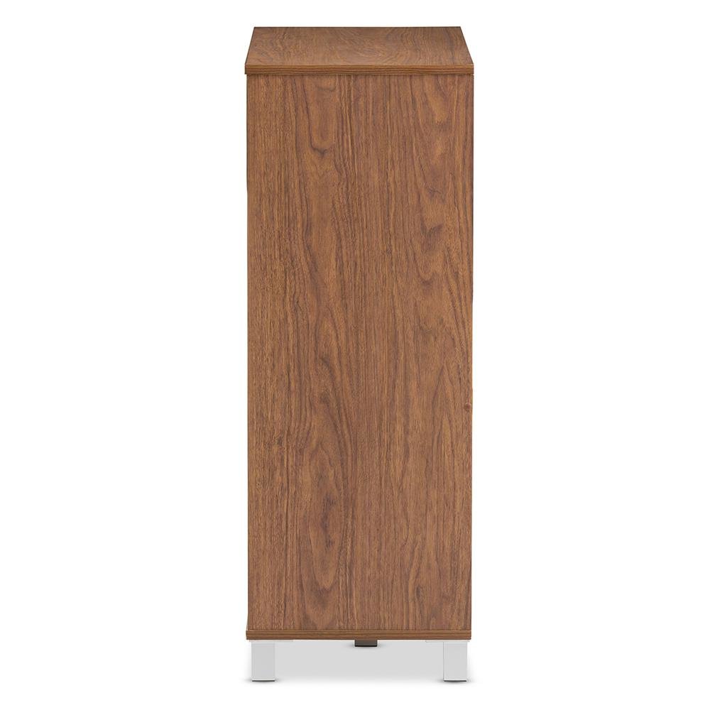 "Walnut" Medium Brown Wood 2-Door Shoe Cabinet with Open Shelves