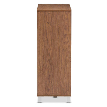 "Walnut" Medium Brown Wood 2-Door Shoe Cabinet with Open Shelves