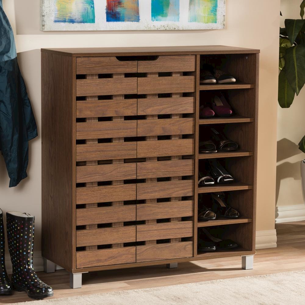 "Walnut" Medium Brown Wood 2-Door Shoe Cabinet with Open Shelves