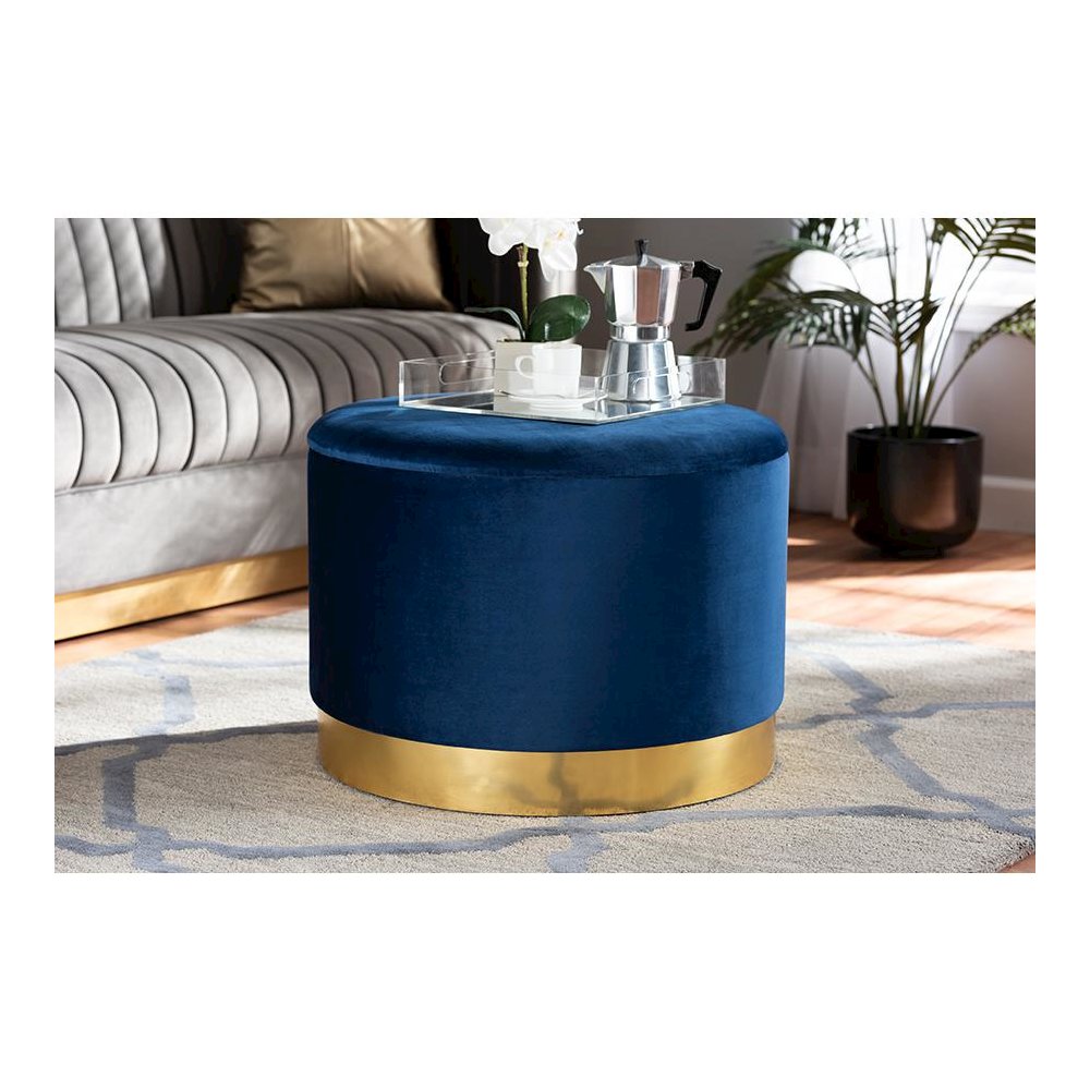 Luxe Navy Blue Velvet Fabric Upholstered Gold Finished Storage Ottoman