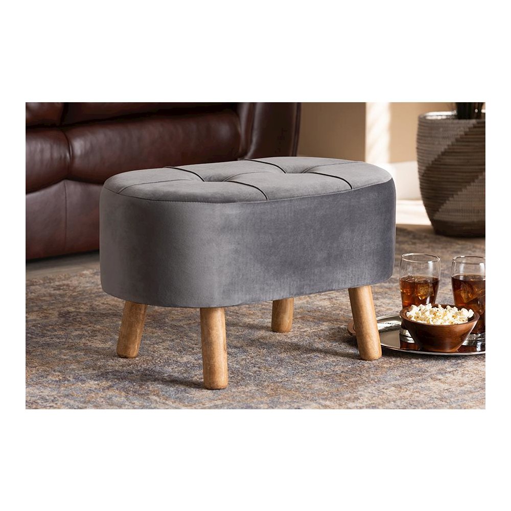 Simone Mid-Century Modern Grey Velvet Fabric Upholstered Wood Ottoman