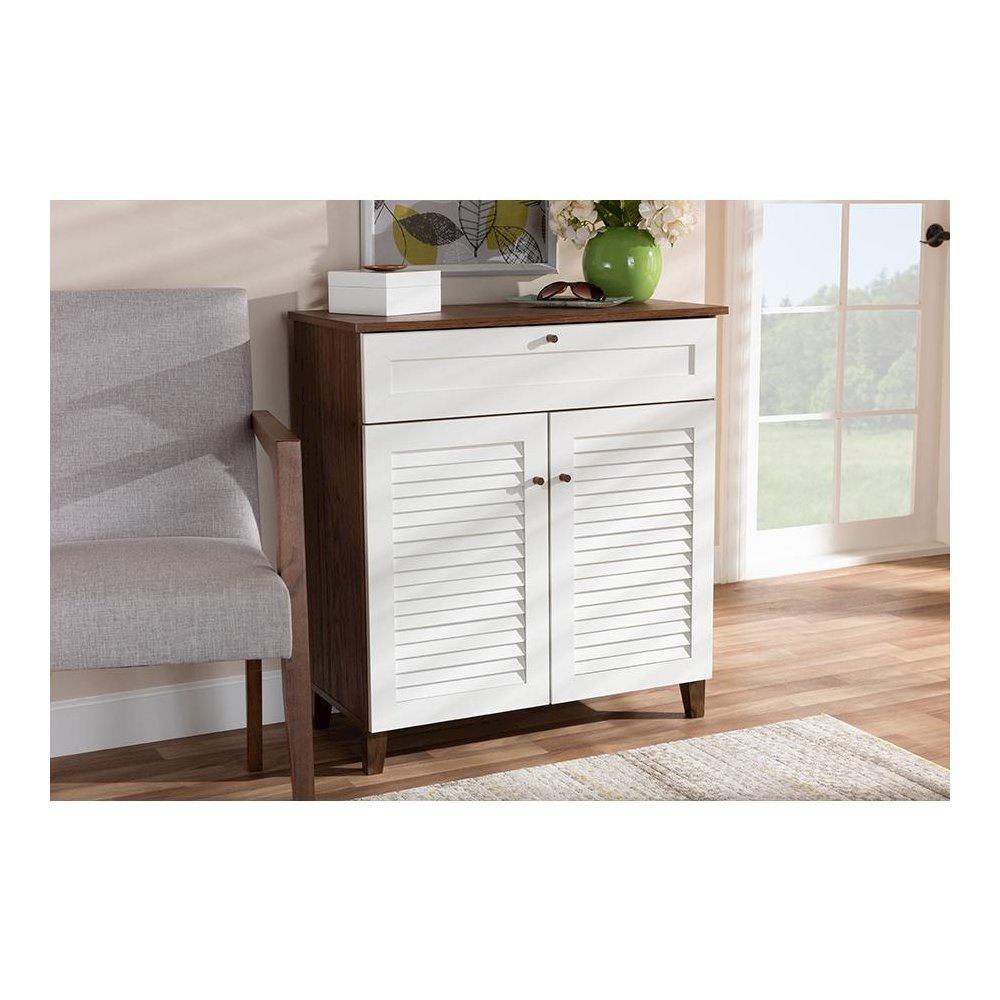 White and Walnut Finished 4-Shelf Wood Shoe Storage Cabinet with Drawer