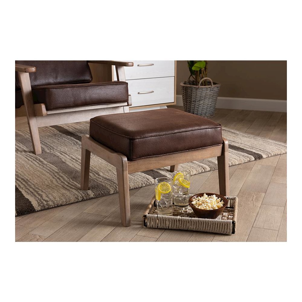 Leather Effect Fabric Upholstered Antique Oak Finished Wood Ottoman