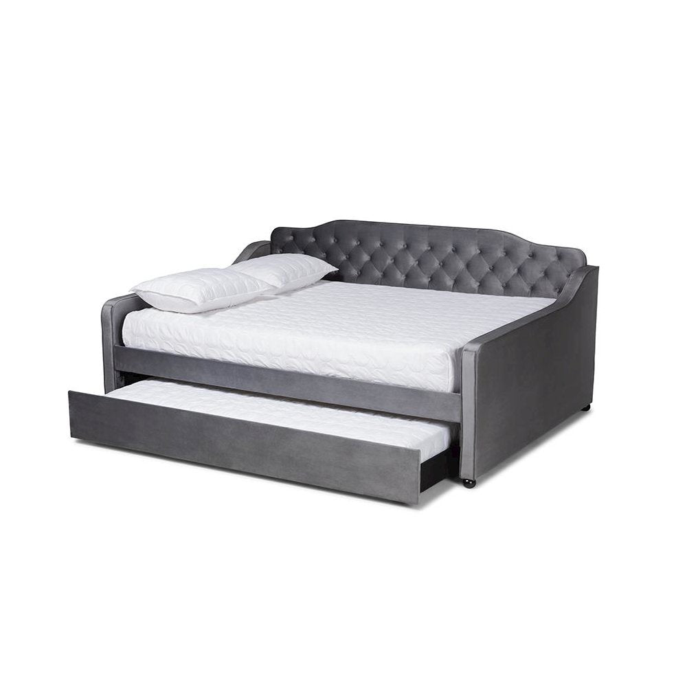 Grey Velvet Fabric Upholstered and Button Tufted Queen Size Daybed with Trundle