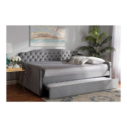 Grey Velvet Fabric Upholstered and Button Tufted Queen Size Daybed with Trundle