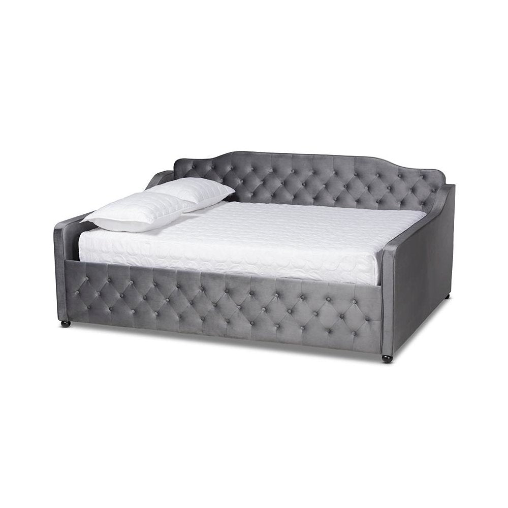Grey Velvet Fabric Upholstered and Button Tufted Queen Size Daybed