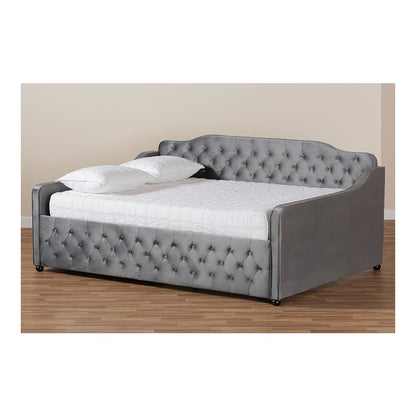 Grey Velvet Fabric Upholstered and Button Tufted Queen Size Daybed