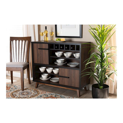 Two-Tone Walnut Brown and Black Finished Wood Wine Storage Cabinet