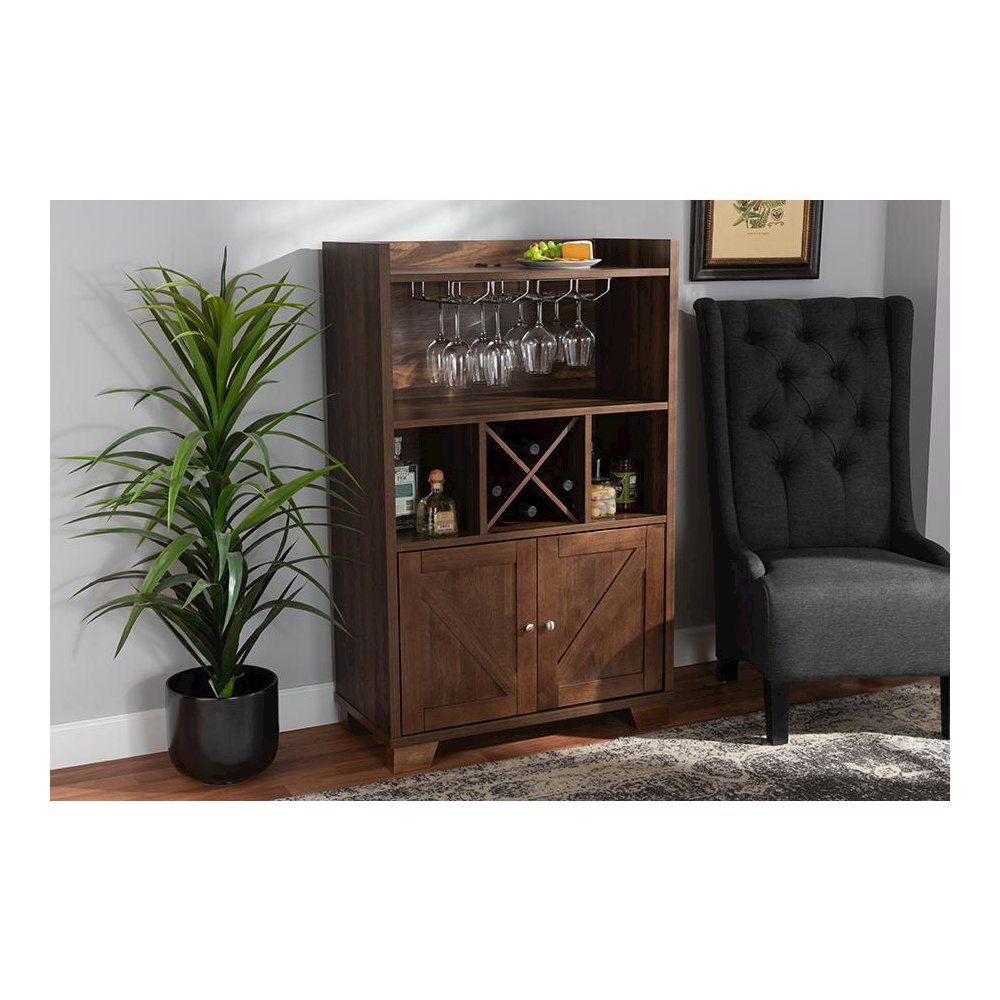 Carrie Transitional Farmhouse Walnut Brown Finished Wood Wine Storage Cabinet