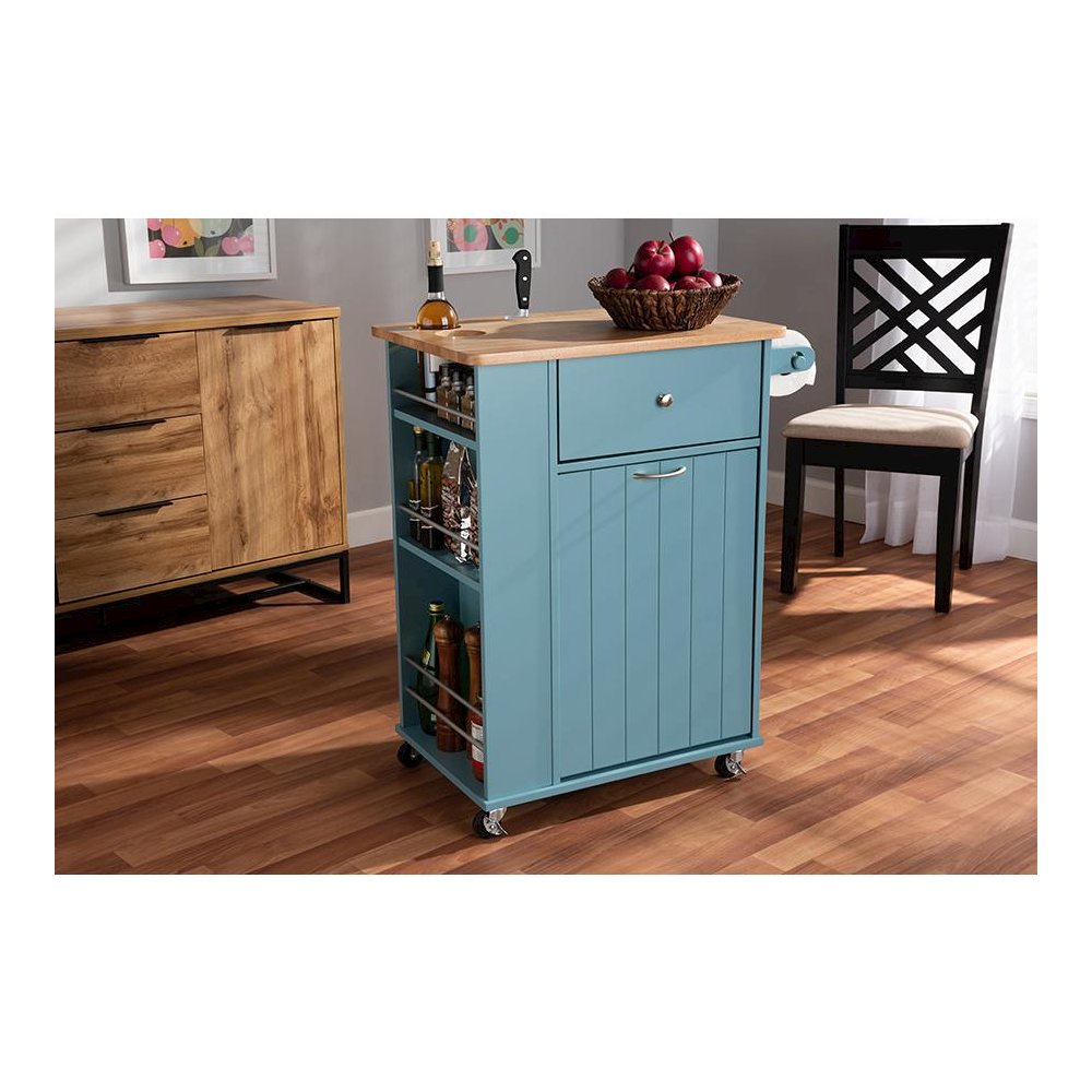 Liona Modern and Contemporary Sky Blue Finished Wood Kitchen Storage Cart