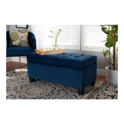 Navy Blue Velvet Fabric Upholstered Storage Ottoman