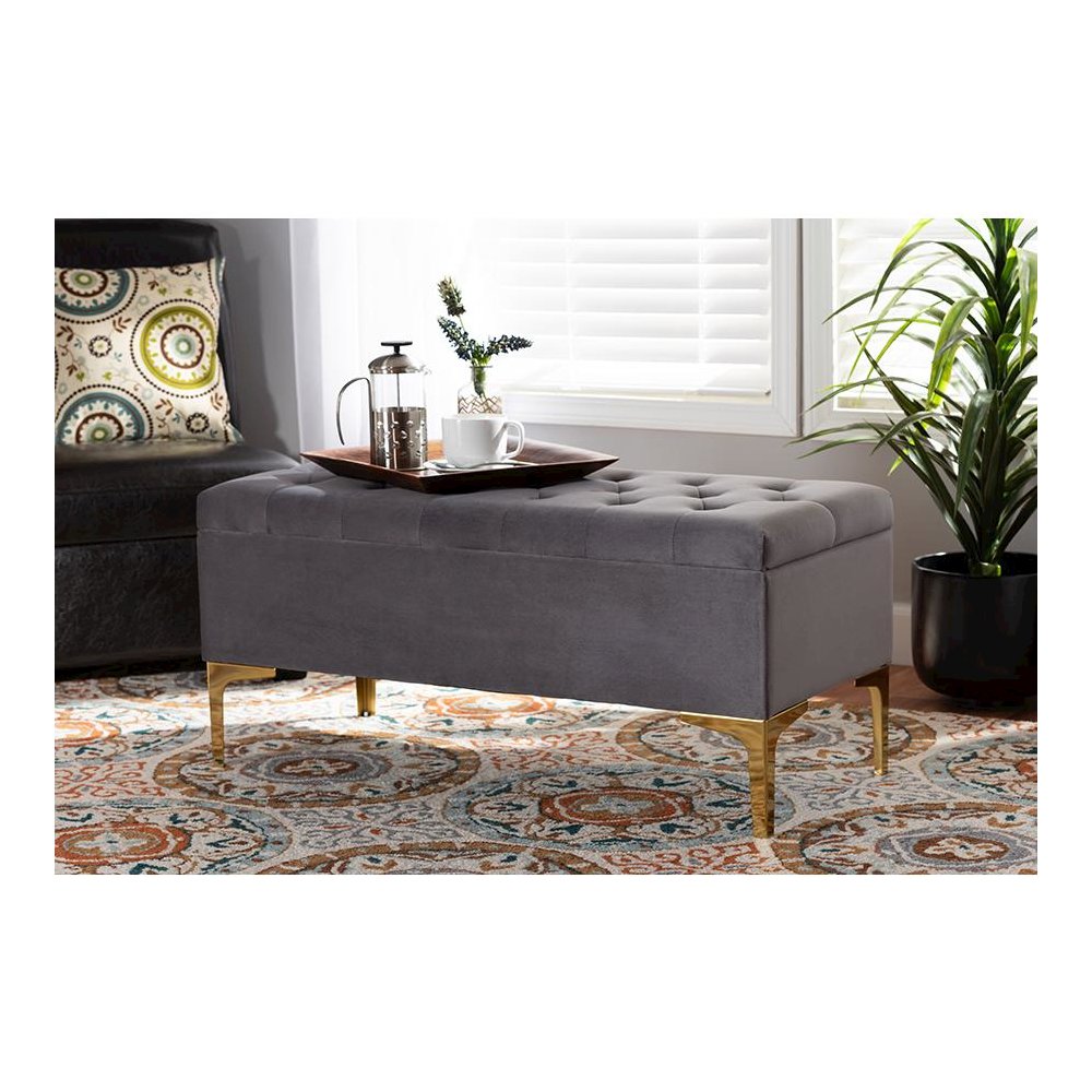 Luxe Grey Velvet Fabric Upholstered Gold Finished Button Tufted Storage Ottoman