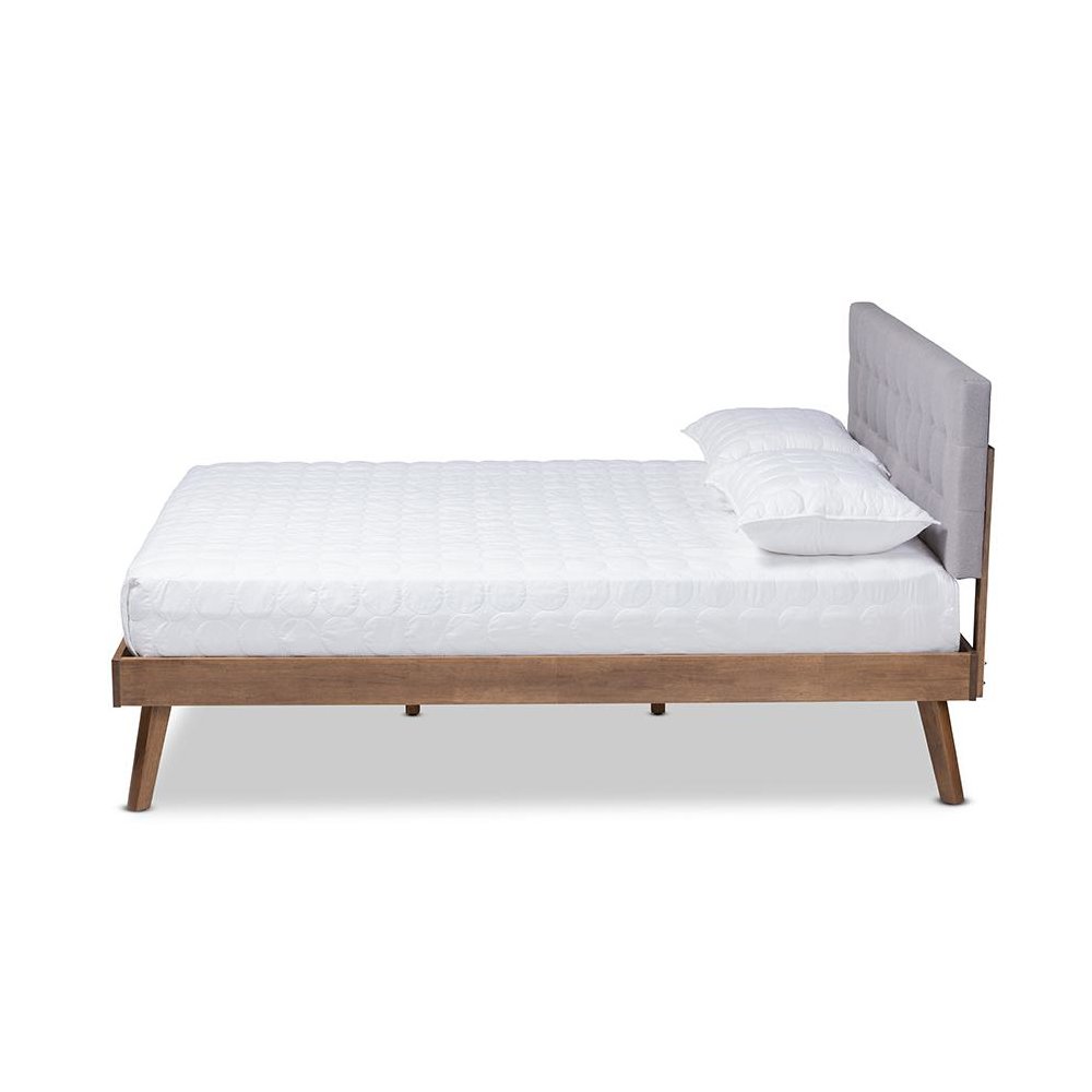 Light Grey Fabric Upholstered Walnut Brown Finished Wood Queen Size Platform Bed
