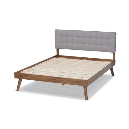 Light Grey Fabric Upholstered Walnut Brown Finished Wood Queen Size Platform Bed