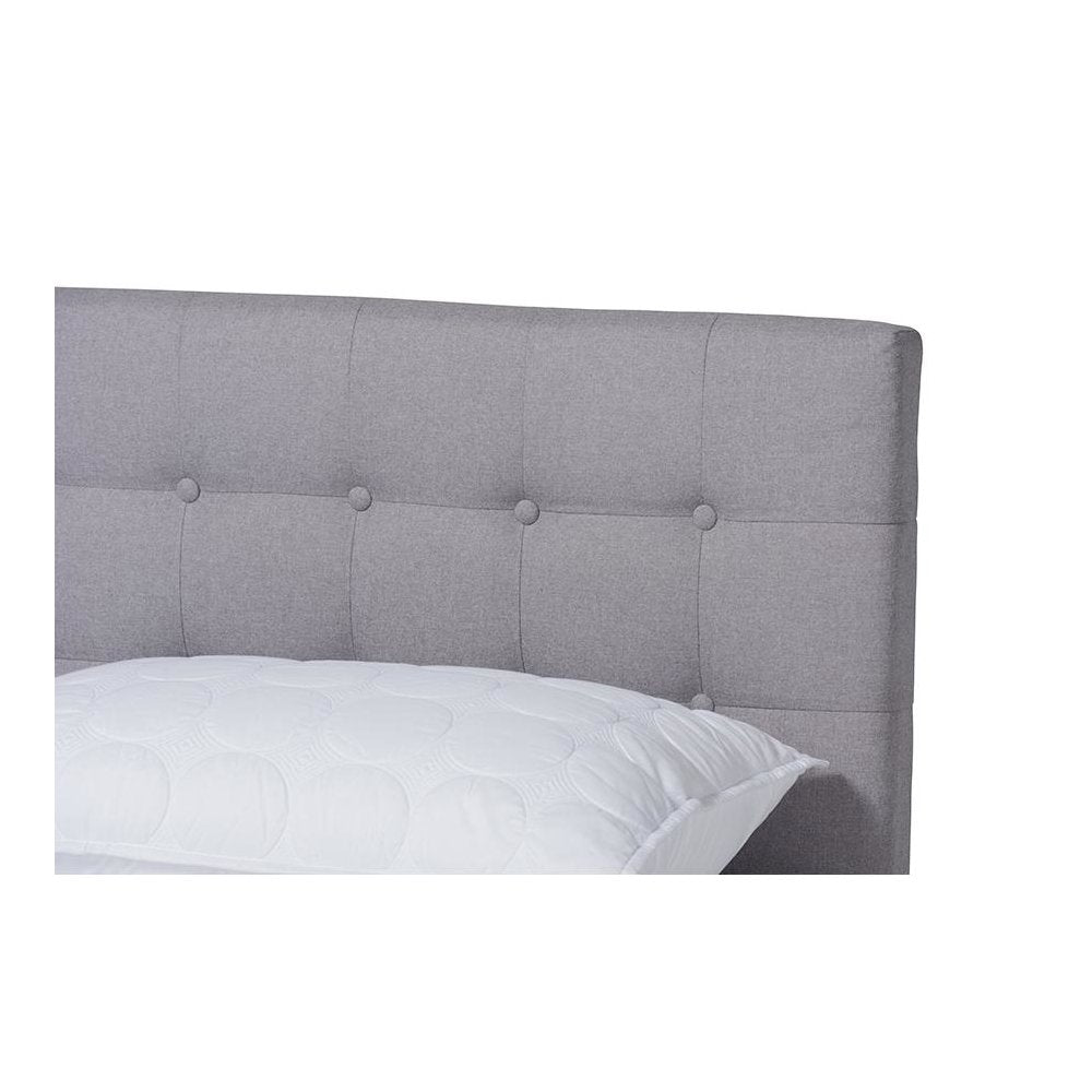 Light Grey Fabric Upholstered Walnut Brown Finished Wood Queen Size Platform Bed