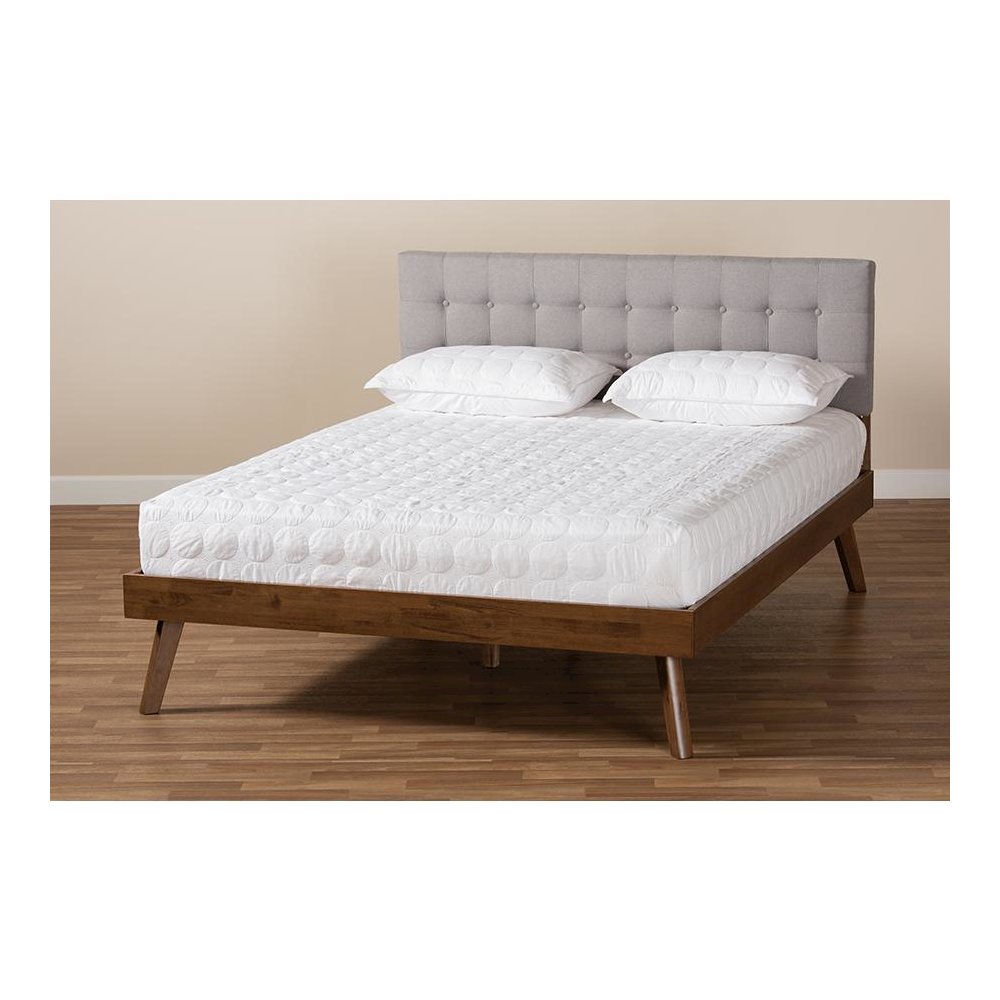 Light Grey Fabric Upholstered Walnut Brown Finished Wood Queen Size Platform Bed