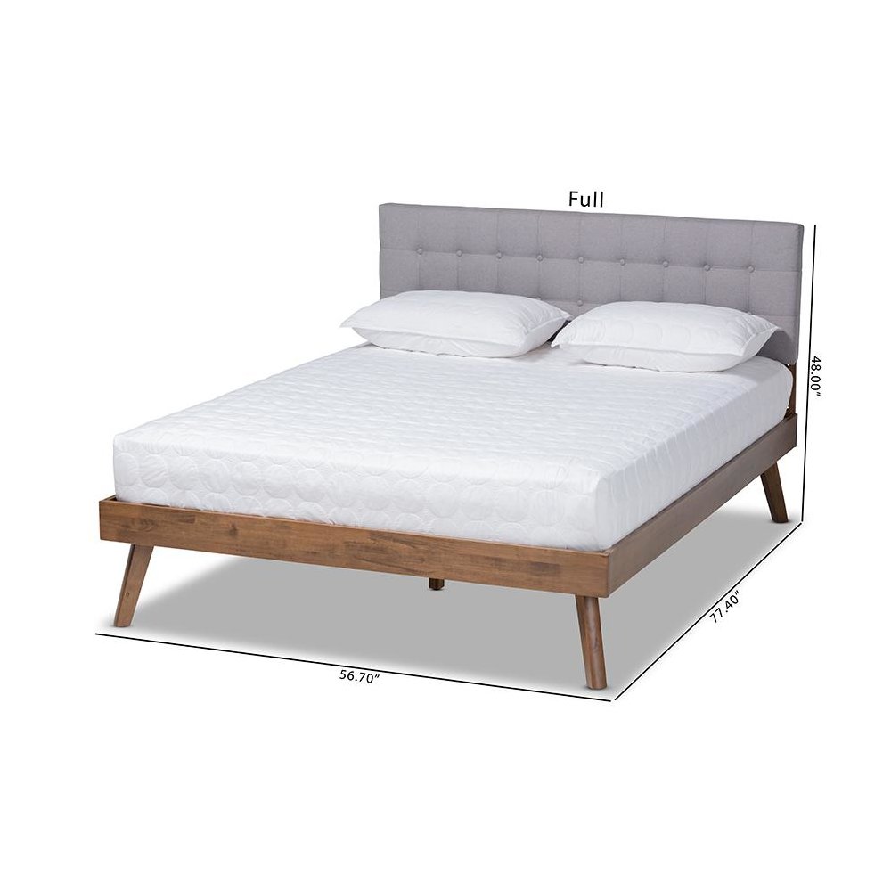 Light Grey Fabric Upholstered Walnut Brown Finished Wood Queen Size Platform Bed