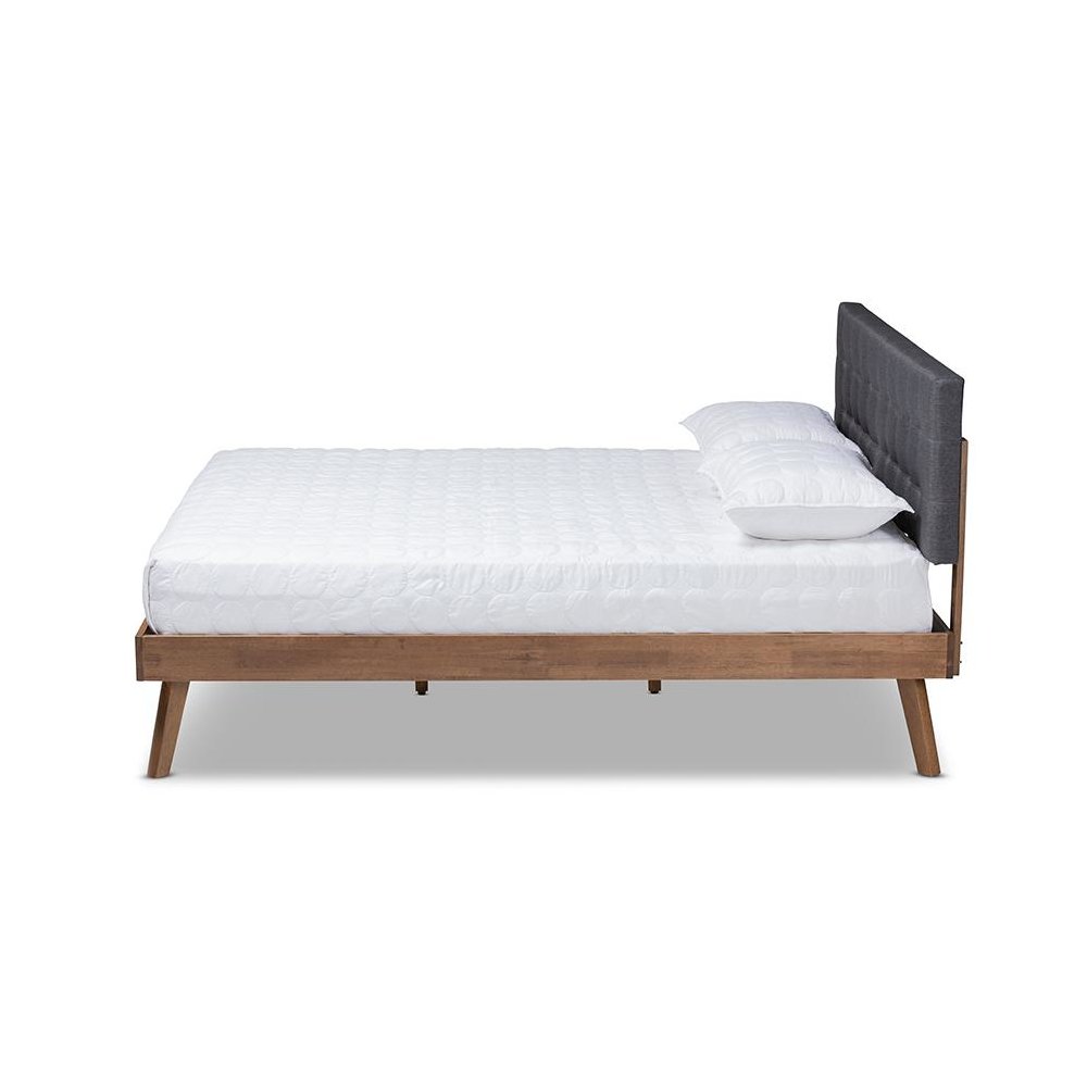 Dark Grey Fabric Upholstered Walnut Brown Finished Wood Queen Size Platform Bed