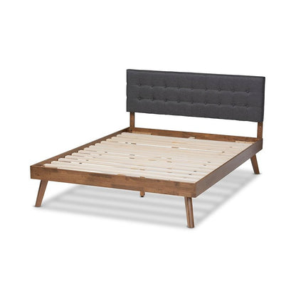 Dark Grey Fabric Upholstered Walnut Brown Finished Wood Queen Size Platform Bed