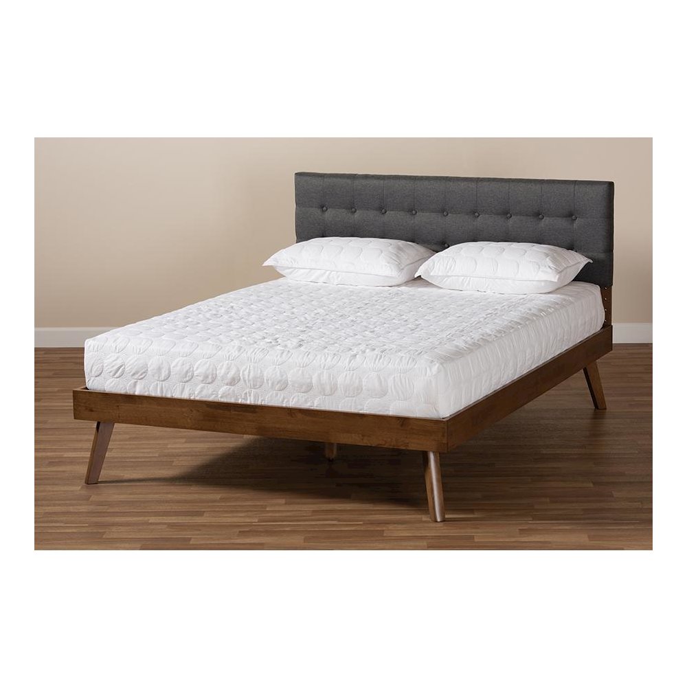 Dark Grey Fabric Upholstered Walnut Brown Finished Wood Queen Size Platform Bed