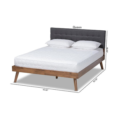 Dark Grey Fabric Upholstered Walnut Brown Finished Wood Queen Size Platform Bed