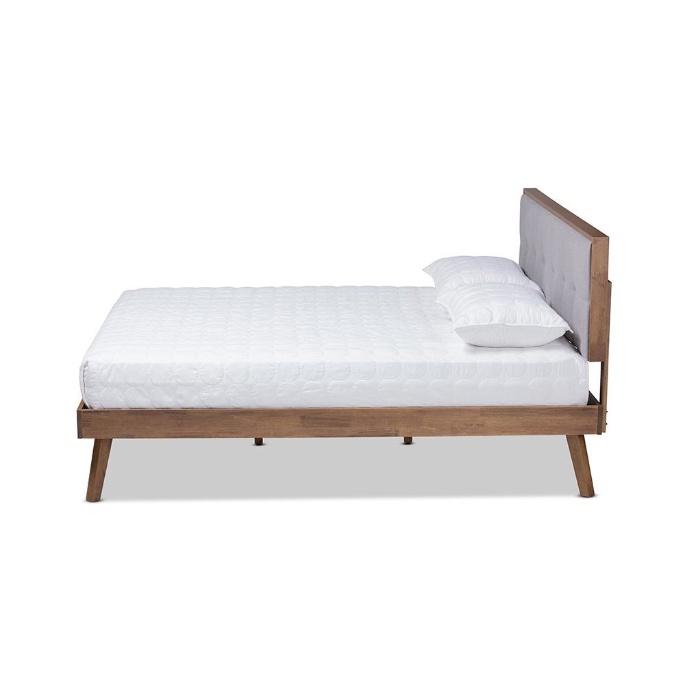 Light Grey Fabric Upholstered Walnut Brown Finished Wood Queen Size Platform Bed