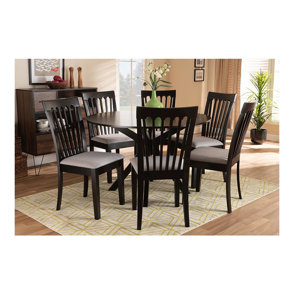 Grey Fabric Upholstered and Dark Brown Finished Wood 7-Piece Dining Set