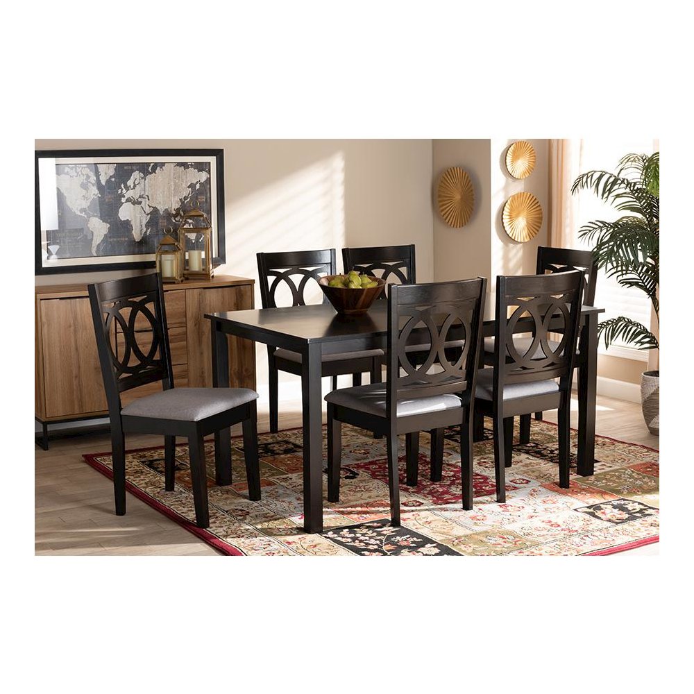 Grey Fabric Upholstered Espresso Brown Finished Wood 7-Piece Dining Set