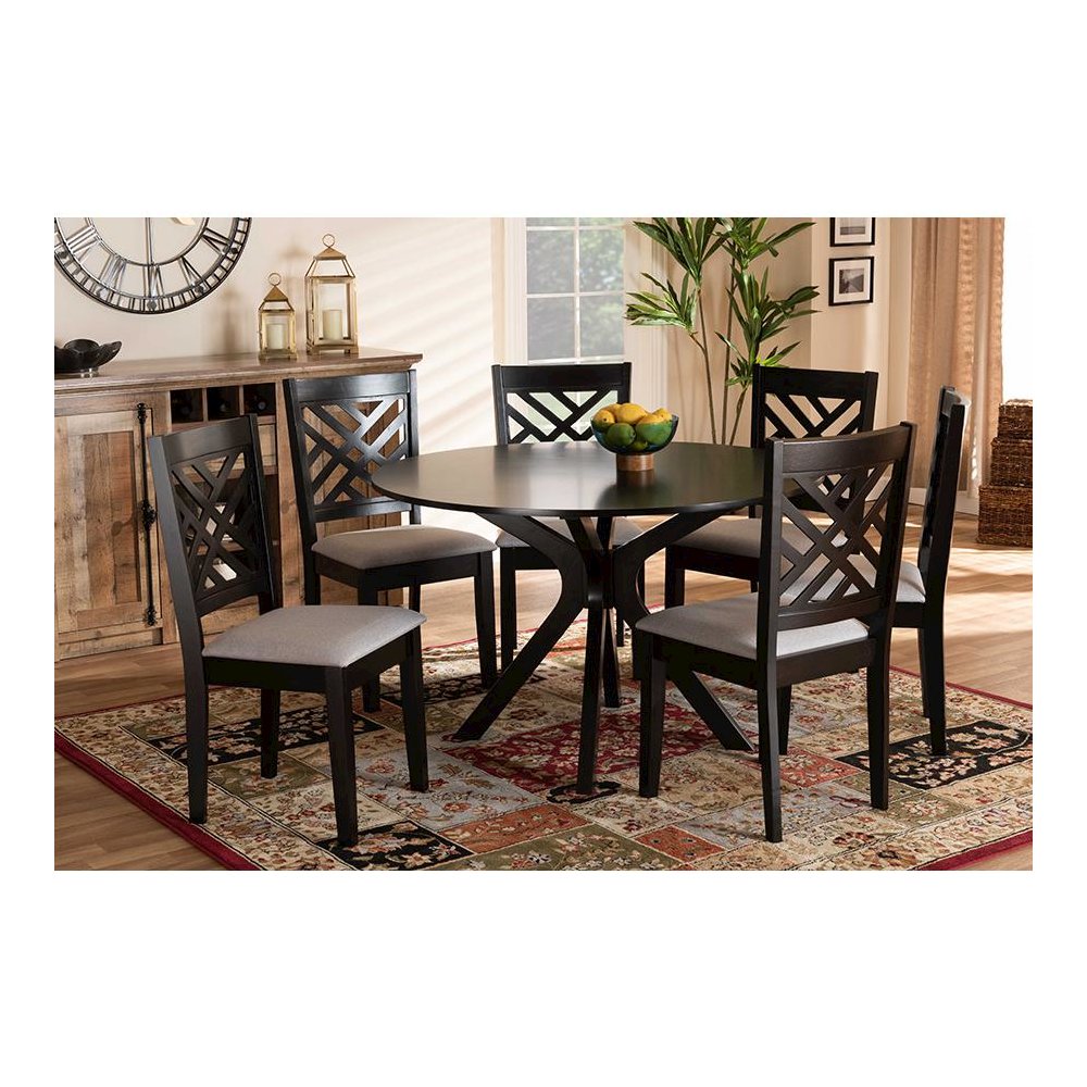 Grey Fabric Upholstered and Dark Brown Finished Wood 7-Piece Dining Set