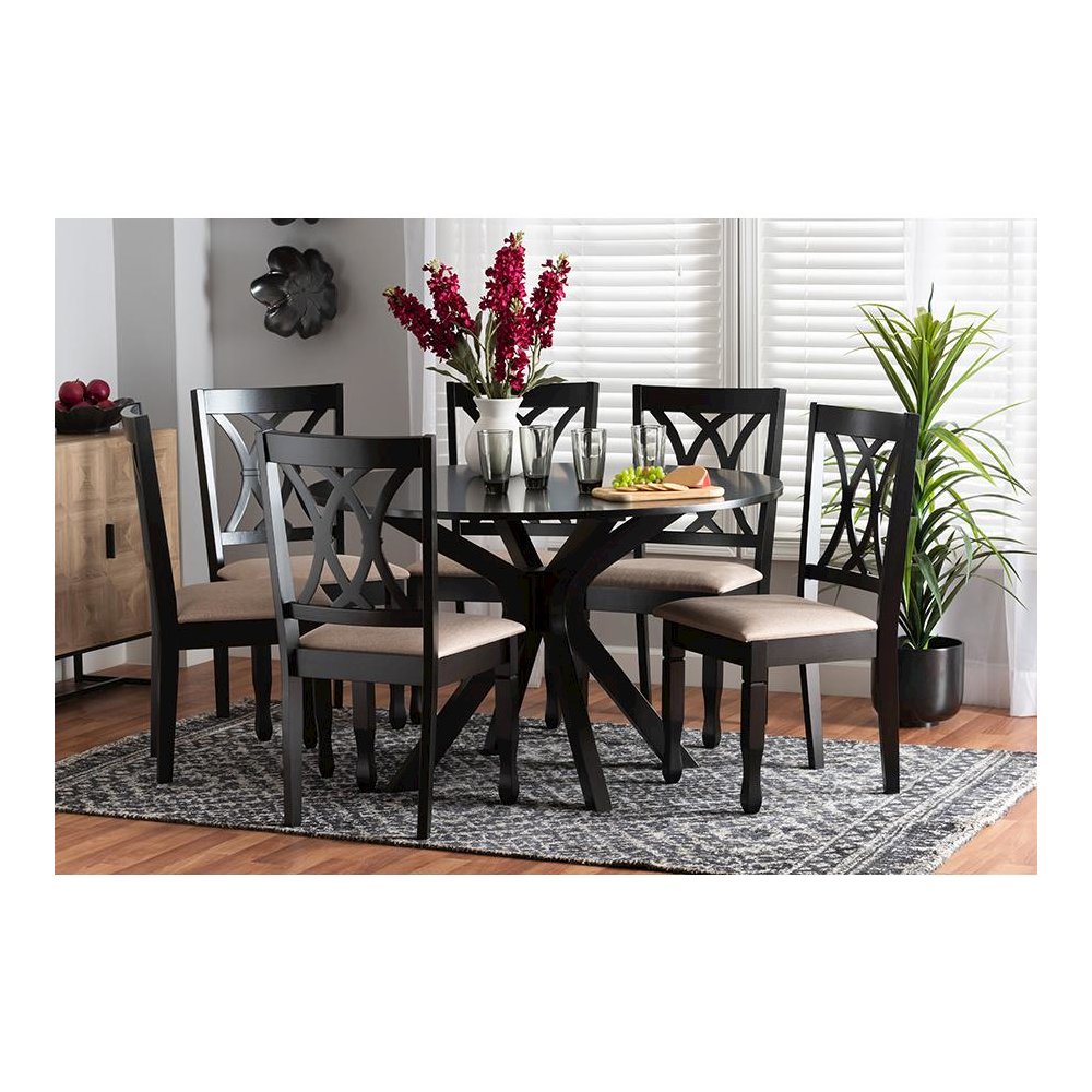 Maya Modern Beige Fabric and Espresso Brown Finished Wood 7-Piece Dining Set