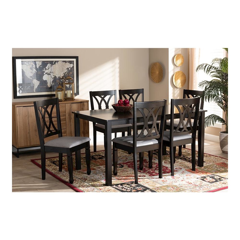 Grey Fabric Upholstered Espresso Brown Finished Wood 7-Piece Dining Set