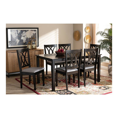 Grey Fabric Upholstered Espresso Brown Finished Wood 7-Piece Dining Set