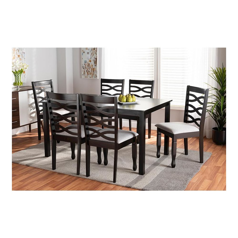 Grey Fabric Upholstered and Dark Brown Finished Wood 7-Piece Dining Set