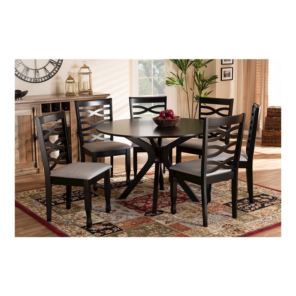 Grey Fabric Upholstered and Dark Brown Finished Wood 7-Piece Dining Set