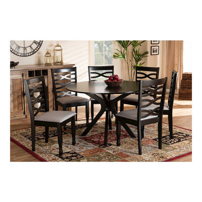 Grey Fabric Upholstered and Dark Brown Finished Wood 7-Piece Dining Set