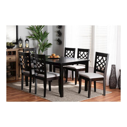 Grey Fabric Upholstered and Dark Brown Finished Wood 7-Piece Dining Set