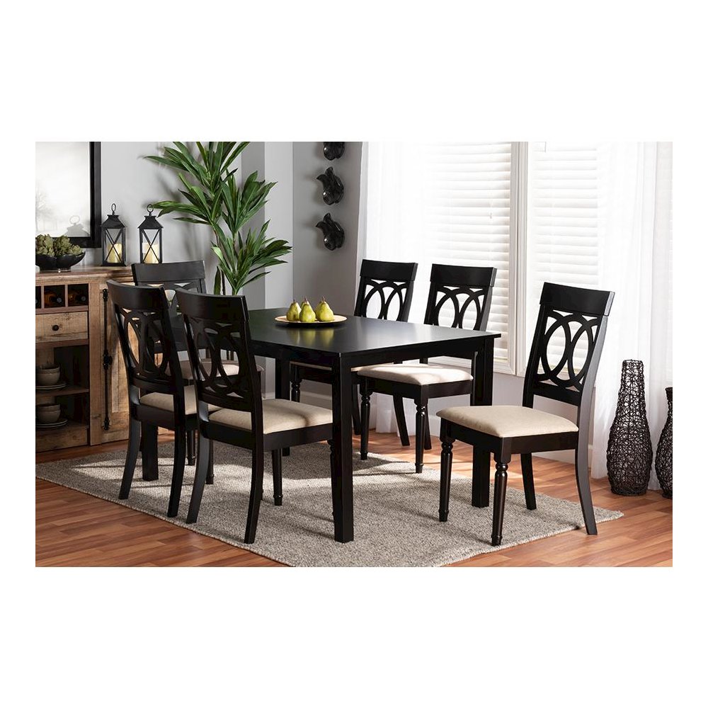 Sand Fabric Upholstered and Dark Brown Finished Wood 7-Piece Dining Set