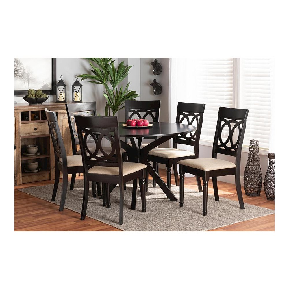 Sand Fabric Upholstered and Dark Brown Finished Wood 7-Piece Dining Set