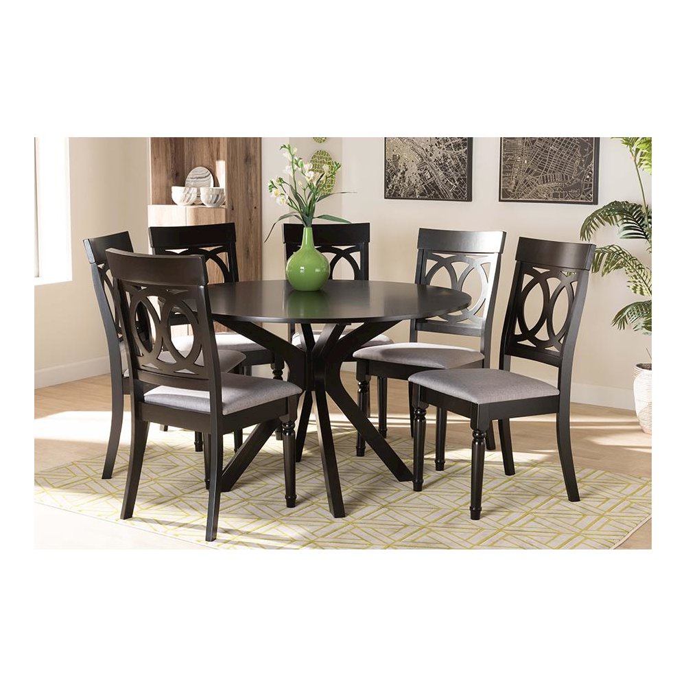 Grey Fabric Upholstered and Dark Brown Finished Wood 7-Piece Dining Set