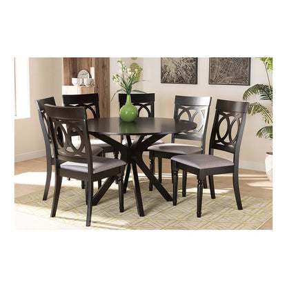 Grey Fabric Upholstered and Dark Brown Finished Wood 7-Piece Dining Set