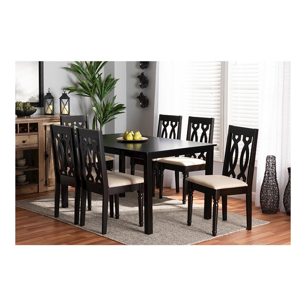 Sand Fabric Upholstered and Dark Brown Finished Wood 7-Piece Dining Set