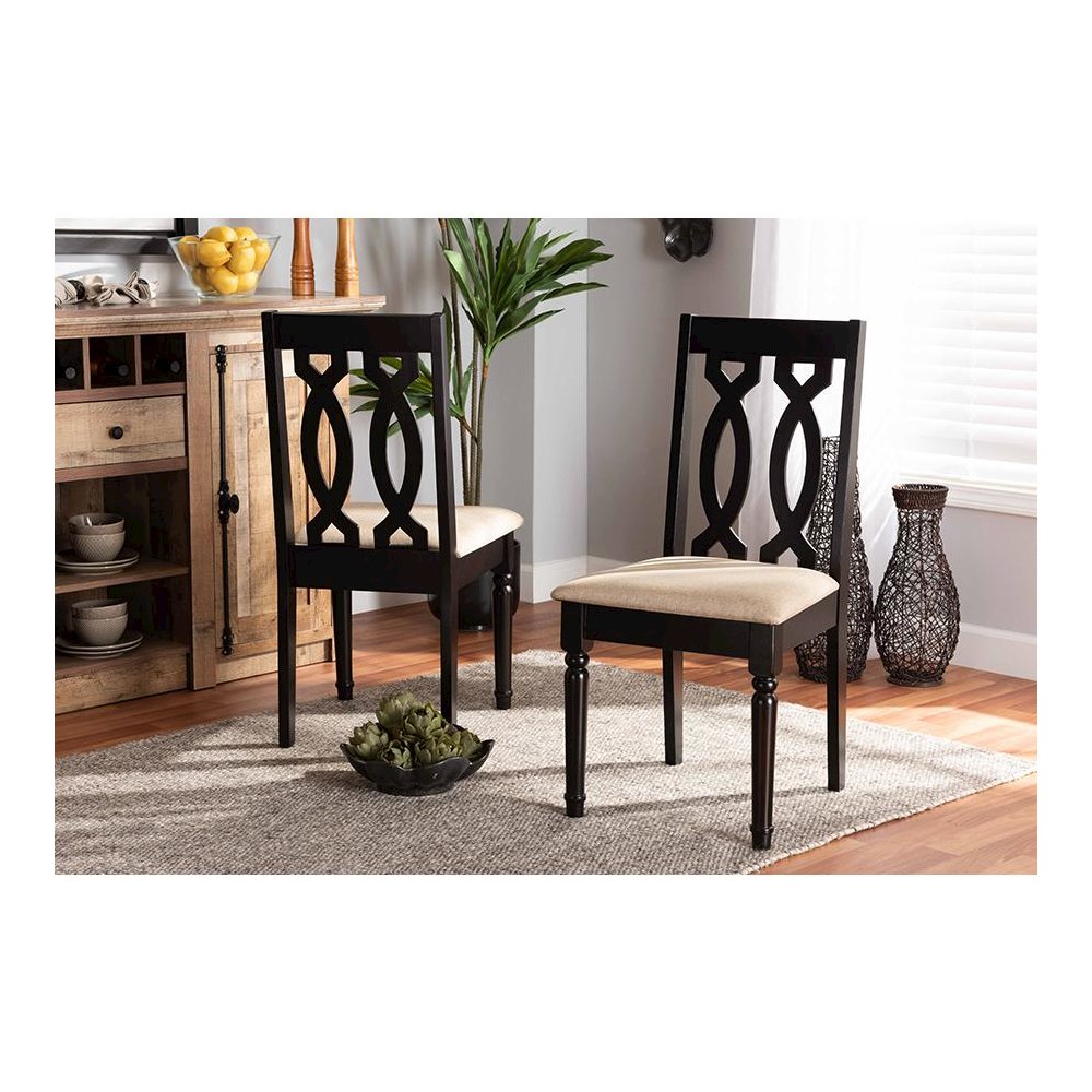 Sand Fabric Upholstered and Dark Brown Finished Wood 2-Piece Dining Chair Set