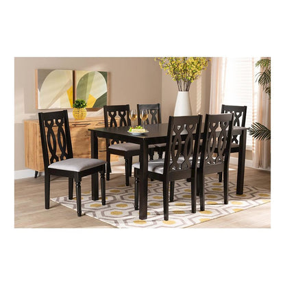 Grey Fabric Upholstered and Dark Brown Finished Wood 7-Piece Dining Set