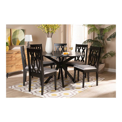 Grey Fabric Upholstered and Dark Brown Finished Wood 7-Piece Dining Set