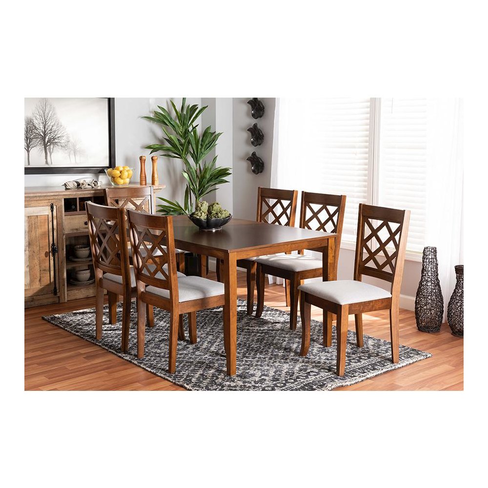 Grey Fabric Upholstered and Walnut Brown Finished Wood 7-Piece Dining Set