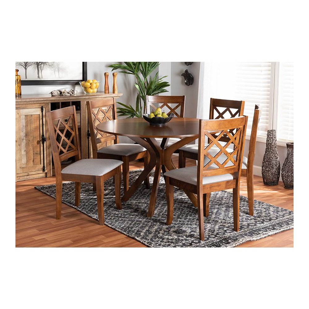 Grey Fabric Upholstered and Walnut Brown Finished Wood 7-Piece Dining Set