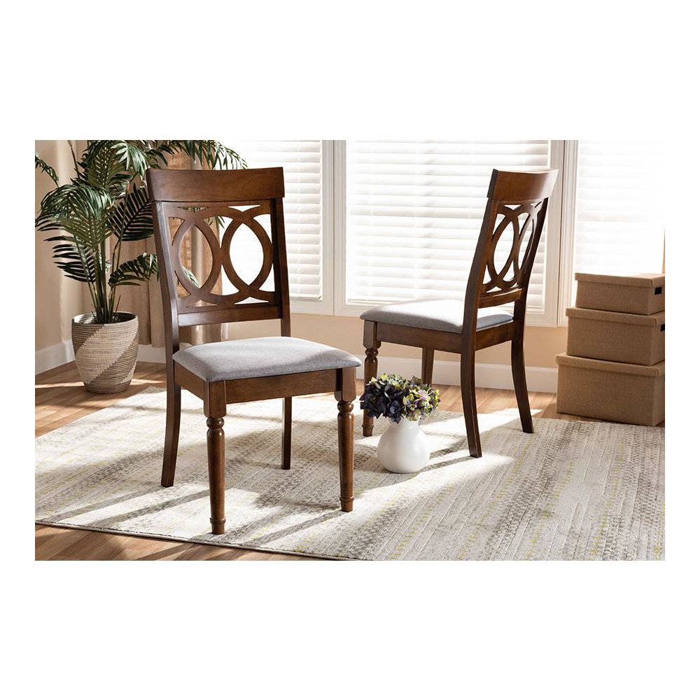 Grey Fabric Upholstered and Walnut Brown Finished Wood 2-Piece Dining Chair Set