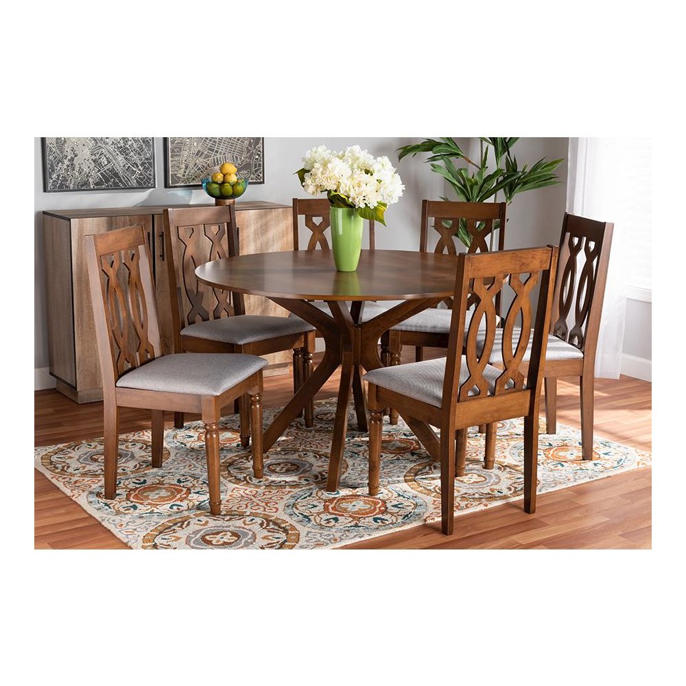 Grey Fabric Upholstered and Walnut Brown Finished Wood 7-Piece Dining Set