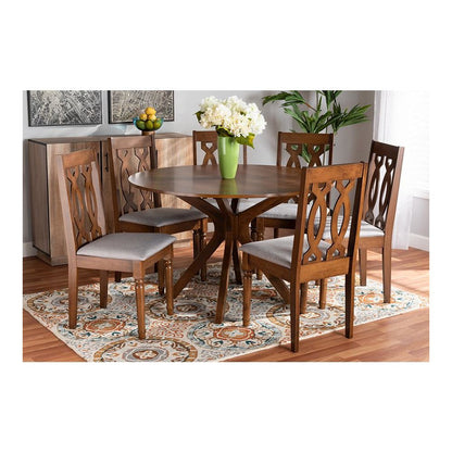 Grey Fabric Upholstered and Walnut Brown Finished Wood 7-Piece Dining Set